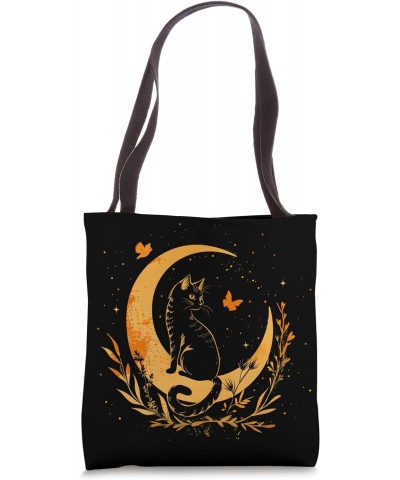 Celestial Cat Sitting on Crescent Moon, Mystical Cat Design Tote Bag $12.00 Totes