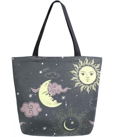 Stars Sun Moon Starry Sky Large Canvas Tote Bag Shopping Shoulder Handbag with Small Zippered Pocket $11.65 Totes