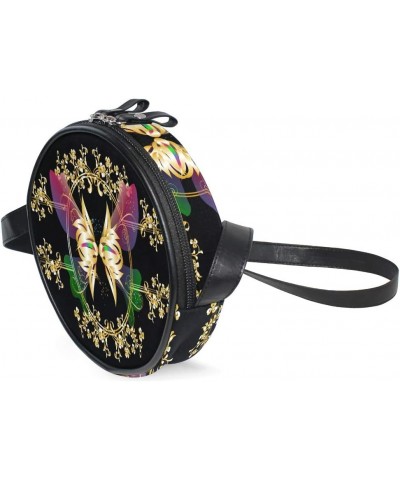 Women Round Bag Gold Butterfly Paisley Canvas Shoulder Crossbody Bag Handbag Little Cute Purse $9.60 Shoulder Bags