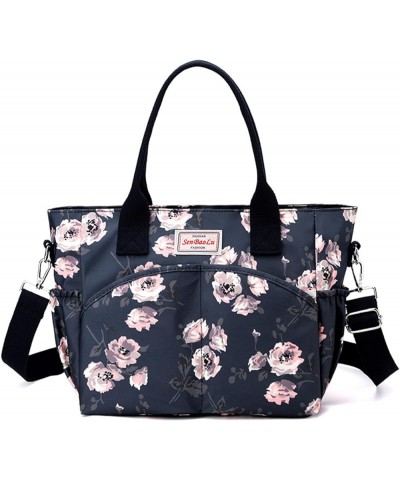 Casual Shoulder Bag Flower Handbag for Women Large Tote Bag Multi Pocket Handbags Nylon Navy Blue 4 $21.23 Handbags