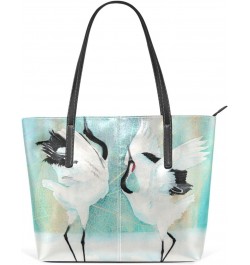 Watercolor Japanese Cranes Tote Bag with Zipper PU Leather Handbags for Women Top Handle Ladies Shoulder Bag with External Po...