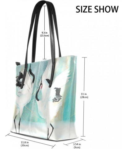 Watercolor Japanese Cranes Tote Bag with Zipper PU Leather Handbags for Women Top Handle Ladies Shoulder Bag with External Po...