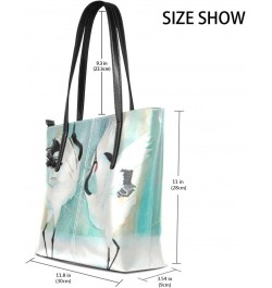 Watercolor Japanese Cranes Tote Bag with Zipper PU Leather Handbags for Women Top Handle Ladies Shoulder Bag with External Po...