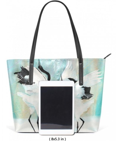 Watercolor Japanese Cranes Tote Bag with Zipper PU Leather Handbags for Women Top Handle Ladies Shoulder Bag with External Po...