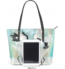 Watercolor Japanese Cranes Tote Bag with Zipper PU Leather Handbags for Women Top Handle Ladies Shoulder Bag with External Po...