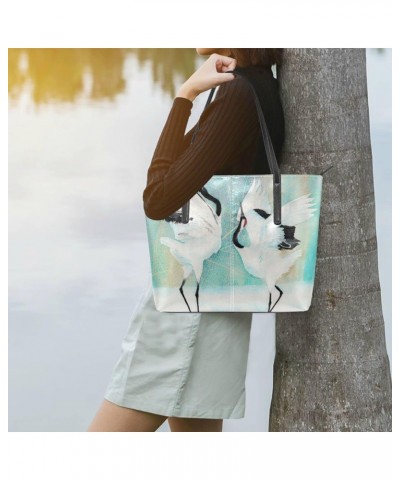 Watercolor Japanese Cranes Tote Bag with Zipper PU Leather Handbags for Women Top Handle Ladies Shoulder Bag with External Po...