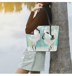 Watercolor Japanese Cranes Tote Bag with Zipper PU Leather Handbags for Women Top Handle Ladies Shoulder Bag with External Po...