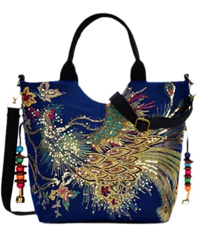 Shiny Sequins Peacock Embroidered Women Canvas Totes Bag, Summer Shoulder Bag Vintage Beaded String Handbag Blue $23.95 Totes