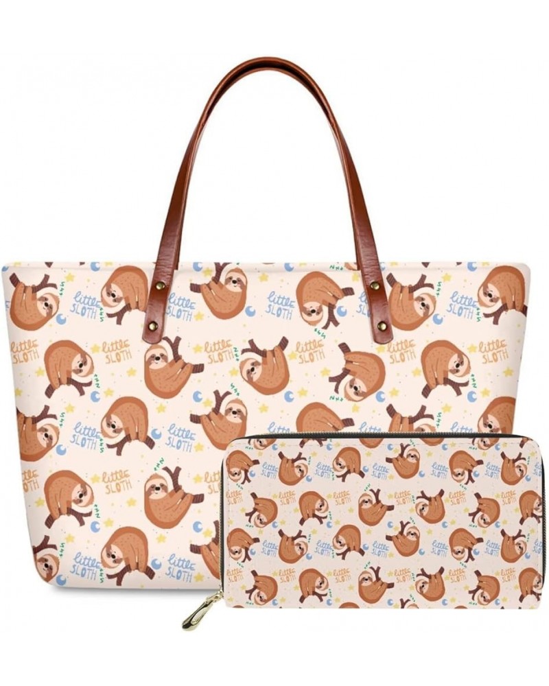 Women Satchel Handbags Shoulder Purses Totes Work Bags with Leather Wallet 2-Piece Set Little Cute Sloth $20.58 Totes