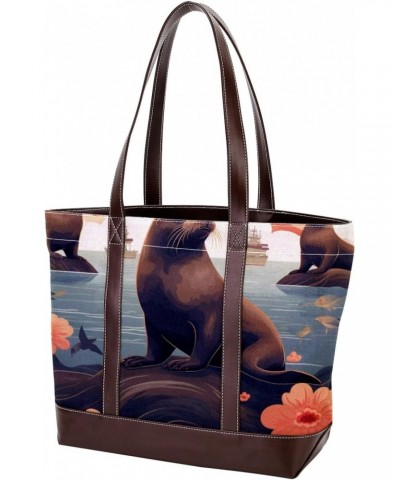 Sea Lion Stylish Hand-held Canvas Leather Mix Bag - 13.3x4.7x12.2 in - Fashionable Tote Purse for Women $24.47 Totes