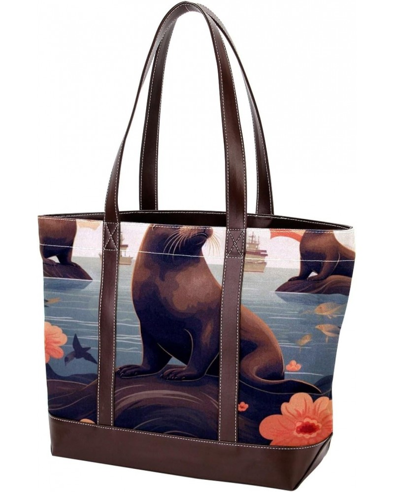 Sea Lion Stylish Hand-held Canvas Leather Mix Bag - 13.3x4.7x12.2 in - Fashionable Tote Purse for Women $24.47 Totes