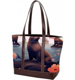 Sea Lion Stylish Hand-held Canvas Leather Mix Bag - 13.3x4.7x12.2 in - Fashionable Tote Purse for Women $24.47 Totes