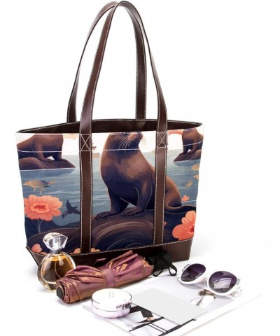 Sea Lion Stylish Hand-held Canvas Leather Mix Bag - 13.3x4.7x12.2 in - Fashionable Tote Purse for Women $24.47 Totes