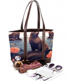 Sea Lion Stylish Hand-held Canvas Leather Mix Bag - 13.3x4.7x12.2 in - Fashionable Tote Purse for Women $24.47 Totes