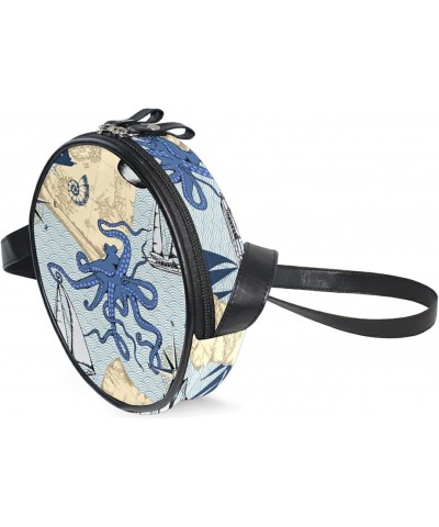 Vintage Sailboat Octopus Crossbody Bag Small Canvas Shoulder Round Bag for Women $10.06 Shoulder Bags