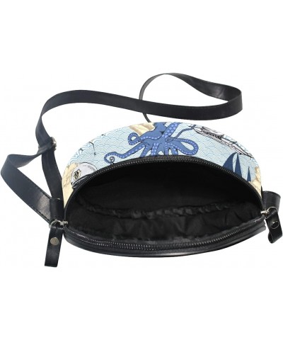 Vintage Sailboat Octopus Crossbody Bag Small Canvas Shoulder Round Bag for Women $10.06 Shoulder Bags