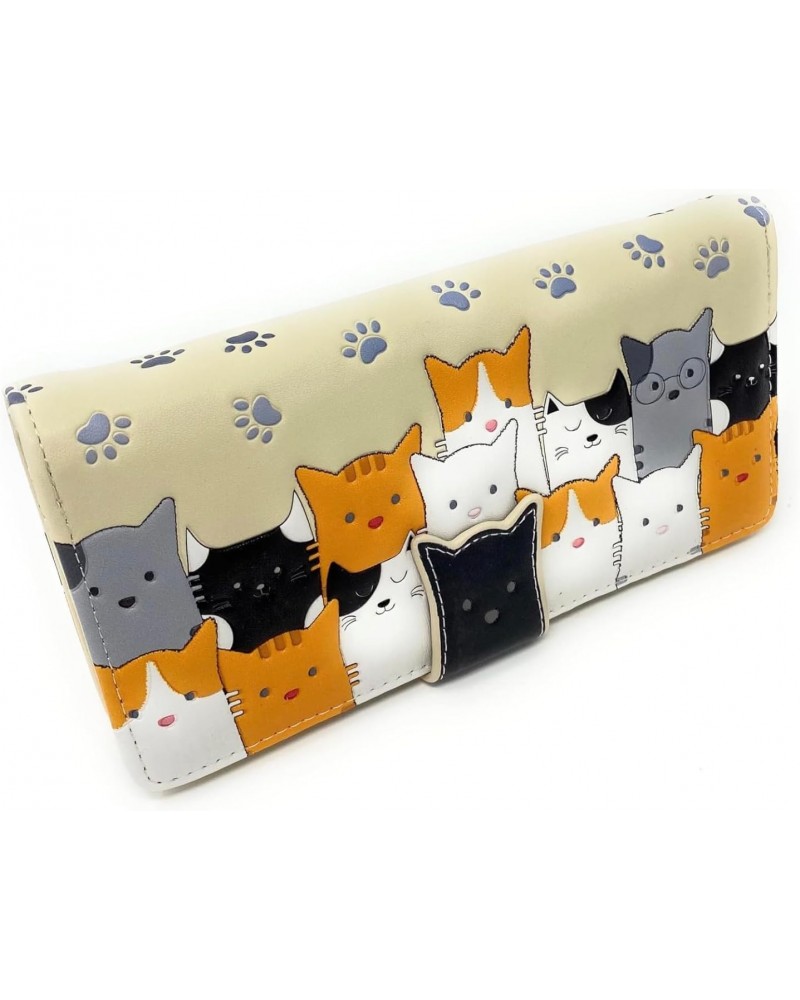 Kitty Cat Crowd Large Animal Wallet for Women and Teen Girls Vegan Faux Leather 7" Beige $19.24 Wallets