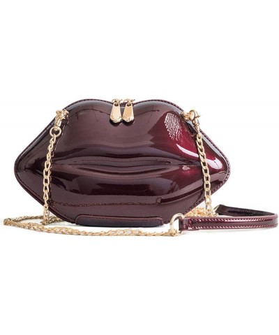 Women Leather Lips-shaped Evening Clutch Purses Crossbody Bags Vintage Banquet Handbag Wine Red $35.47 Evening Bags