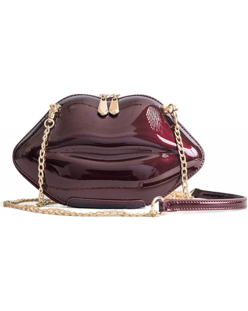 Women Leather Lips-shaped Evening Clutch Purses Crossbody Bags Vintage Banquet Handbag Wine Red $35.47 Evening Bags