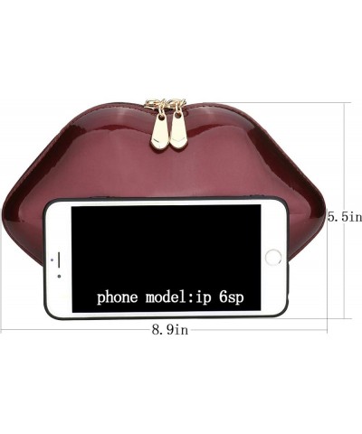 Women Leather Lips-shaped Evening Clutch Purses Crossbody Bags Vintage Banquet Handbag Wine Red $35.47 Evening Bags