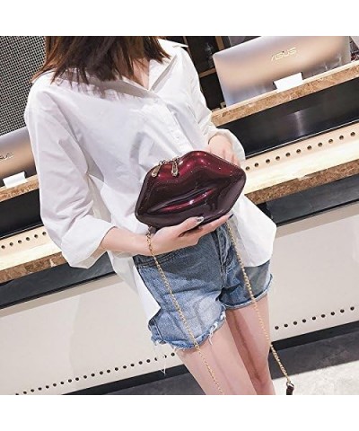 Women Leather Lips-shaped Evening Clutch Purses Crossbody Bags Vintage Banquet Handbag Wine Red $35.47 Evening Bags