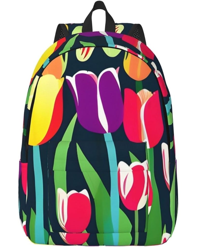 Colorful Tulips Print Casual Double Shoulder Daypack,Anti-Theft Travel Canvas Backpack For Men And Women Black Medium $24.65 ...