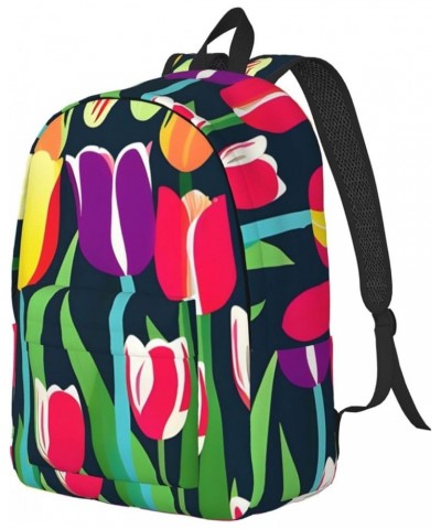 Colorful Tulips Print Casual Double Shoulder Daypack,Anti-Theft Travel Canvas Backpack For Men And Women Black Medium $24.65 ...