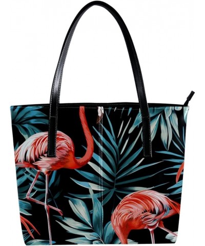 Tote Bags, Vegan Leather Large Tote Bag, Tote Bag with Zipper, Flamingo Tropical Flower Leaves, Tote Bag for Work Pattern 533...