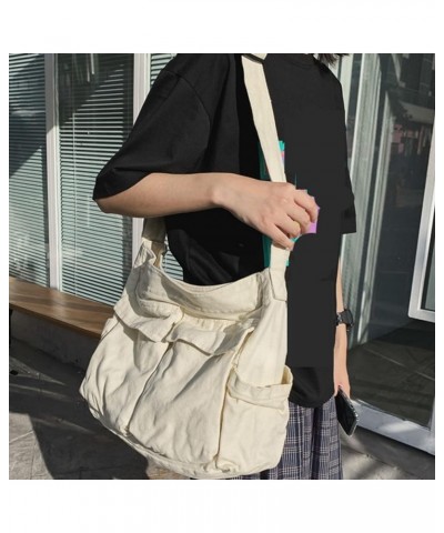 Bag 13 Inch Canvas Messenger Bag Large Shoulder Crossbody Bag With Multiple Leather Side Bags for Women White $26.83 Crossbod...