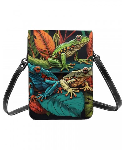 frogs and palm leaf tropical black Vintage Leather Small Crossbody Bags for Women Cell Phone Bag Wallet Purses with Adjustabl...