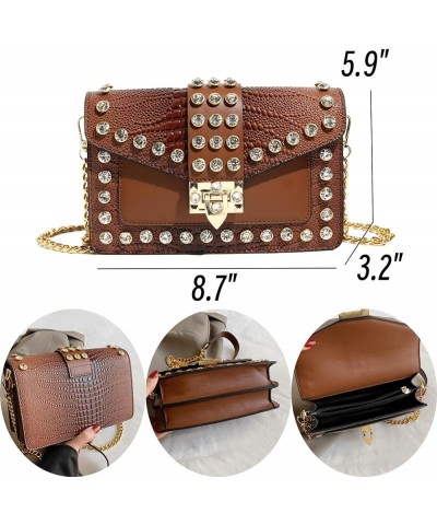 Crossbody Bags for Women Crystal Rivet Shoulder Bag Trendy Handbag and Purses Clutch Bag with Chain Strap Khaki $17.59 Crossb...