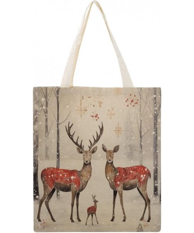 Red Christmas Deer Birch Winter Tree Canvas Tote Bag Rustic Country Holiday Grocery Bags Reusable Shopping Bag Gifts Totebag-...