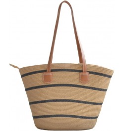 Striped Straw Shoulder Bag for Women Straw Tote Bag Handbag Large Straw Bag Hobo Bag Summer Bag Woven Beach Bag Straw Bag Bla...