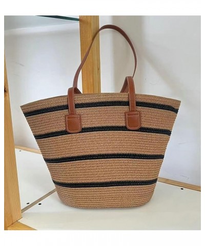 Striped Straw Shoulder Bag for Women Straw Tote Bag Handbag Large Straw Bag Hobo Bag Summer Bag Woven Beach Bag Straw Bag Bla...