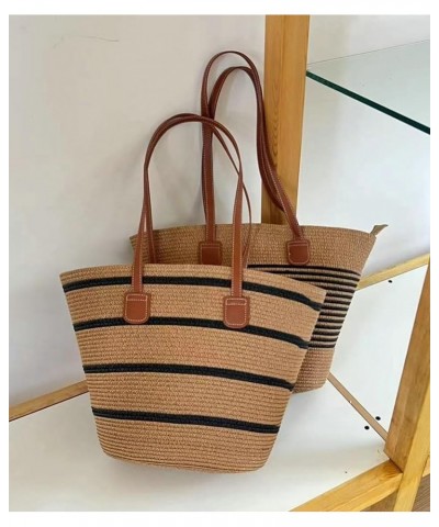 Striped Straw Shoulder Bag for Women Straw Tote Bag Handbag Large Straw Bag Hobo Bag Summer Bag Woven Beach Bag Straw Bag Bla...