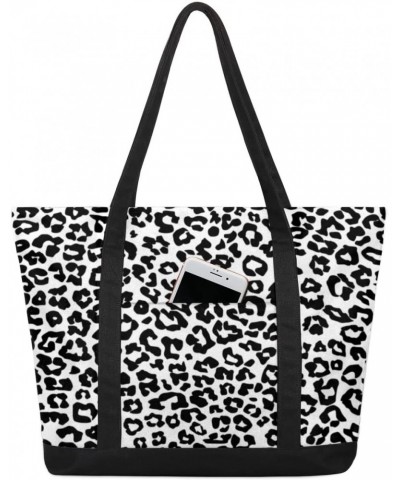 Black Leopard Print Canvas Totes Shoulder Bag for Women Girls, Leopard Pattern Handbag with External Pockets Daily Essentials...