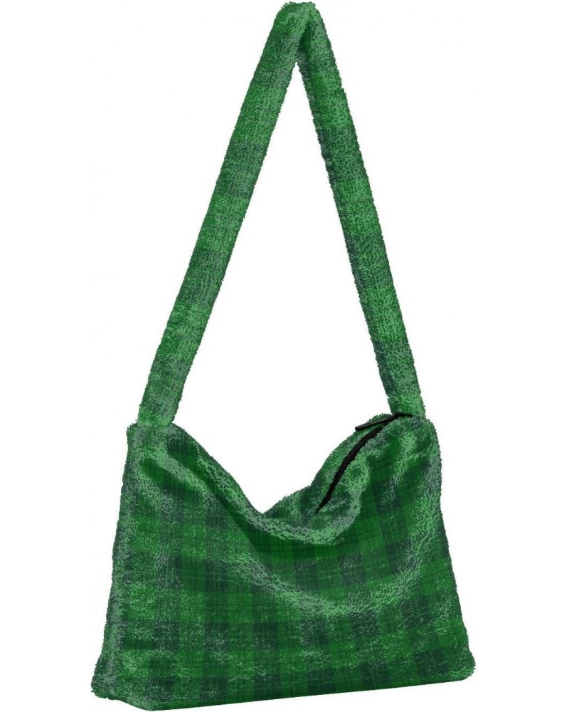 St. Patrick's Day Women Boho Handbag Green Plaid Classic Underarm Bag Tote Bag Shoulder Bag Crossbody Bag Fluffy Cell Phone P...