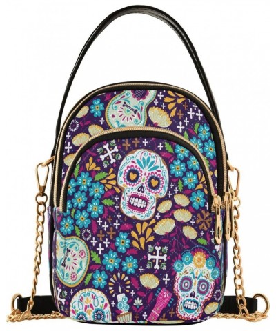 Mexican Skulls Floral Crossbody Bags for Women Quilted Chain Crossbody Purses Trendy Day Of The Dead Cross Body Phone Purse H...