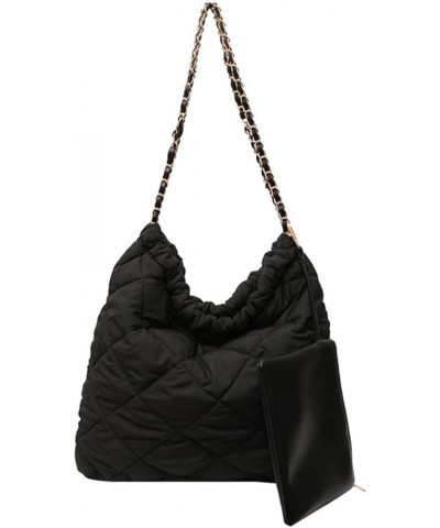 Women's Quilted Hobo Bag with Chain Puffy Hobo Quilted Puffer Shoulder Bag Brown $20.21 Hobo Bags