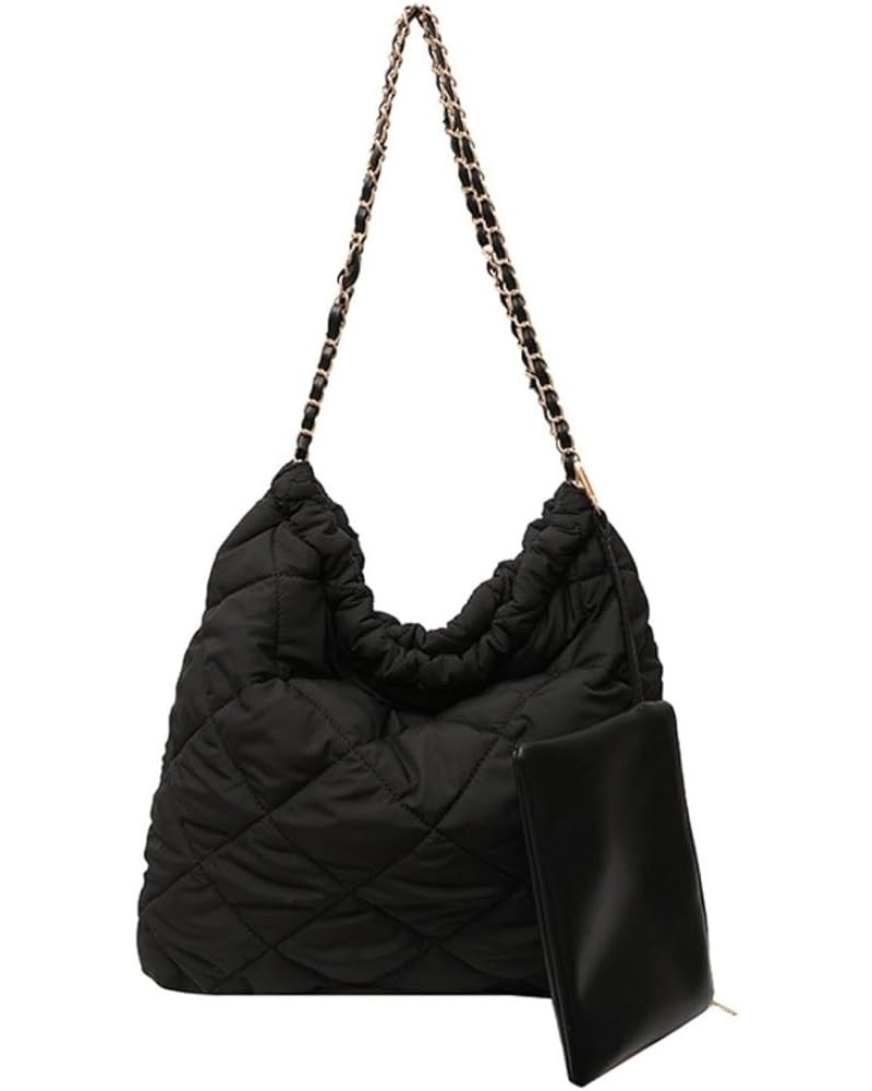 Women's Quilted Hobo Bag with Chain Puffy Hobo Quilted Puffer Shoulder Bag Brown $20.21 Hobo Bags