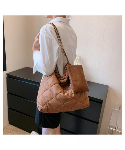 Women's Quilted Hobo Bag with Chain Puffy Hobo Quilted Puffer Shoulder Bag Brown $20.21 Hobo Bags