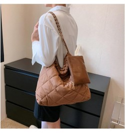 Women's Quilted Hobo Bag with Chain Puffy Hobo Quilted Puffer Shoulder Bag Brown $20.21 Hobo Bags