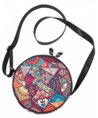 Colorful Ethnic Patchwork Pattern Crossbody Bag Small Canvas Shoulder Round Bag for Women $10.63 Shoulder Bags