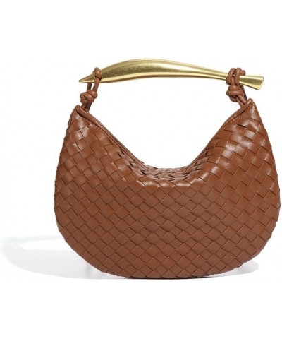 2024 Woven Leather Hobe Dumpling Bag Dinner Handbag Hobo Bag Knotted Clutch Bag (Brown) $33.14 Hobo Bags