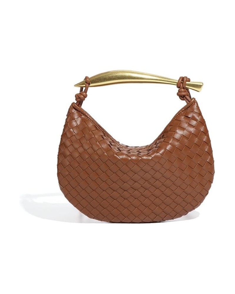 2024 Woven Leather Hobe Dumpling Bag Dinner Handbag Hobo Bag Knotted Clutch Bag (Brown) $33.14 Hobo Bags