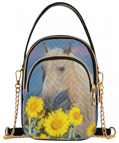 Beautiful Palomino Horse Sunflower Field Quilted Crossbody Bag for Women, Small Cell Phone Bag Shoulder Handbags Purse with L...