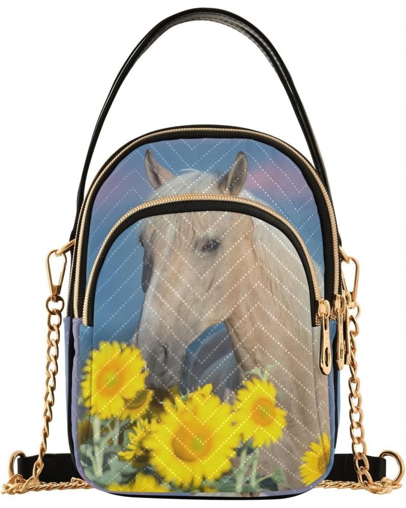 Beautiful Palomino Horse Sunflower Field Quilted Crossbody Bag for Women, Small Cell Phone Bag Shoulder Handbags Purse with L...