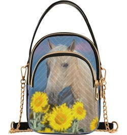 Beautiful Palomino Horse Sunflower Field Quilted Crossbody Bag for Women, Small Cell Phone Bag Shoulder Handbags Purse with L...