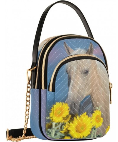 Beautiful Palomino Horse Sunflower Field Quilted Crossbody Bag for Women, Small Cell Phone Bag Shoulder Handbags Purse with L...