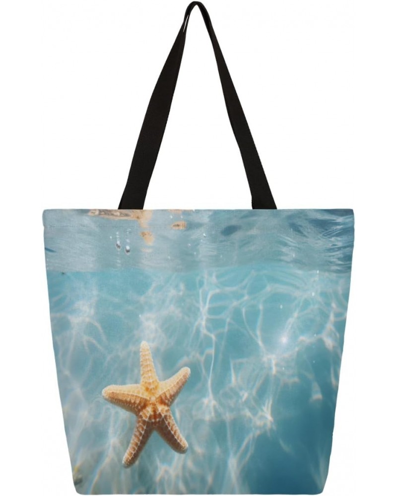 Large-Mouth Canvas Tote with Vibrant Ocean & Starfish Prints $12.41 Totes